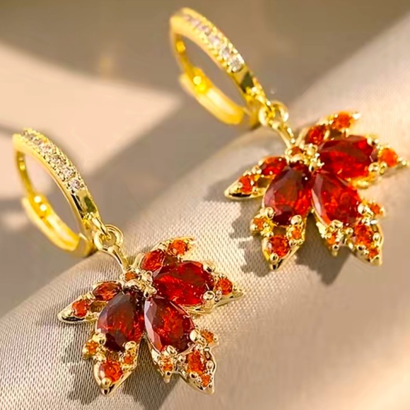 Cubic Zirconia Autumn Leaf Earrings - Picture 1 of 7